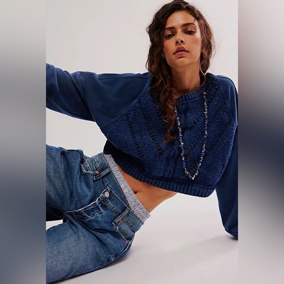 NWOT FREE PEOPLE Sweetness Blue Cropped Sweater Size M